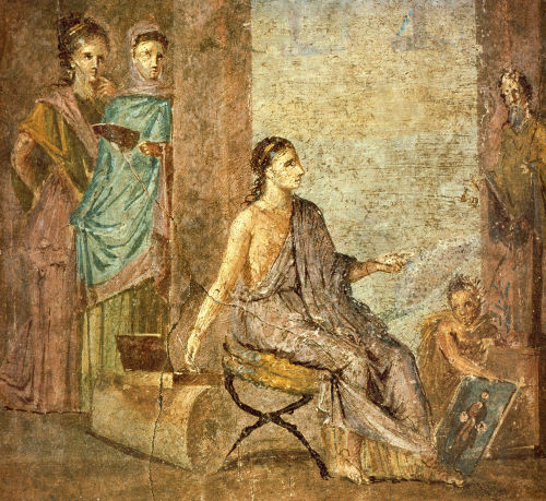 A female artist paints a statue of Priapus.  Fresco in the Fourth Style from the House of the Surgeo