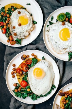 finest-cuisine:  HUEVOS RANCHEROS WITH CHARRED KALE, TOMATOES AND GARLIC CHICKPEAS