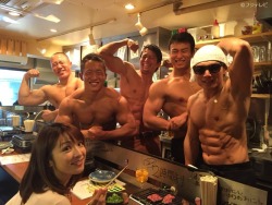 shoukakukai-nii:  japanlove:  Source : Located in Tokyo, the Macho Nikuya (“nikuya” can mean “butcher” or “meat shop”) is staffed by musclebound men who are prone to flex poses while serving up raw beef.  Is that dude holding a chopstick