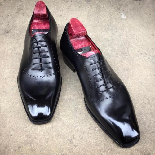 The “Balfour” in black calf. Made to Order on the TG 73 last with bright red lining.#g