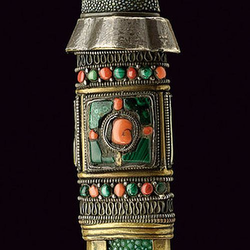 art-of-swords:  Tsep-sa Sword Dated: 19th century Culture: Tibetan Measurements: overall length 45 cm The sword features a straight, single-edged blade of typical shape, with a hollow brass quillon with external silver plating. The grip is covered with