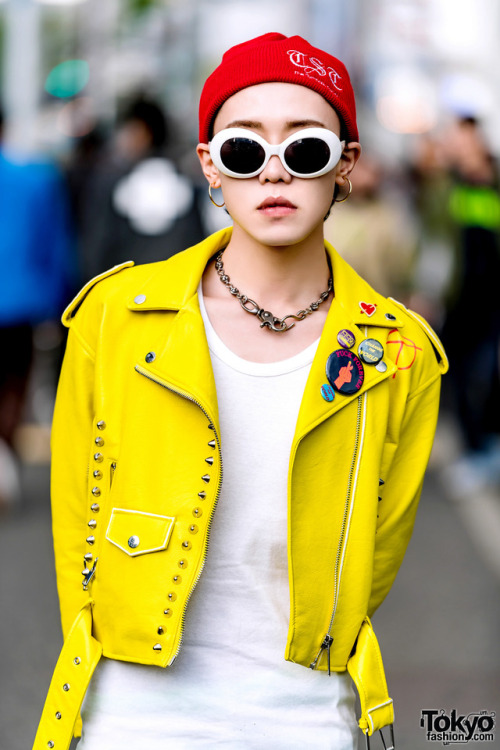 Japanese designer S,you on the street in Harajuku wearing a yellow leather jacket by his own brand T