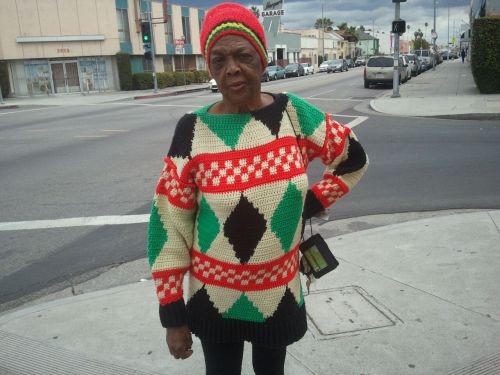 afrikanspaceprogram:  I been seeing this Queen Mother Sister in my hood for many years and she always has the illest sweaters(she makes her own joints)…and a witty jewel to drop..true elder shit We always talk and she always tells me about how she left