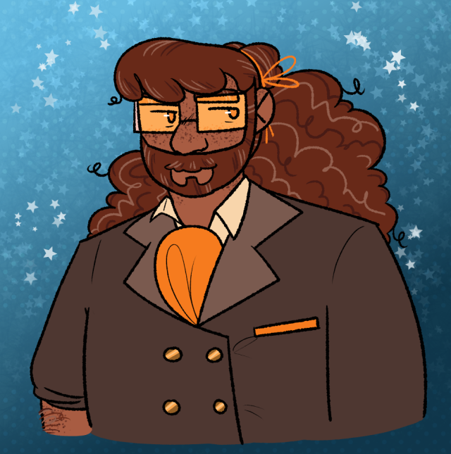 a digital drawing of gordon freeman from HLVRAI as a pirate captain from the show OFMD, in the style of tumblr user melonsharks. he is surrounded by a blue to dark blue gradient and some light cartoonish stars.