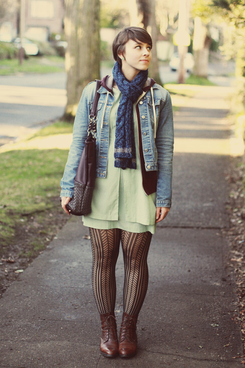 Black lace tights, mint green dress,denim coat and brown boots