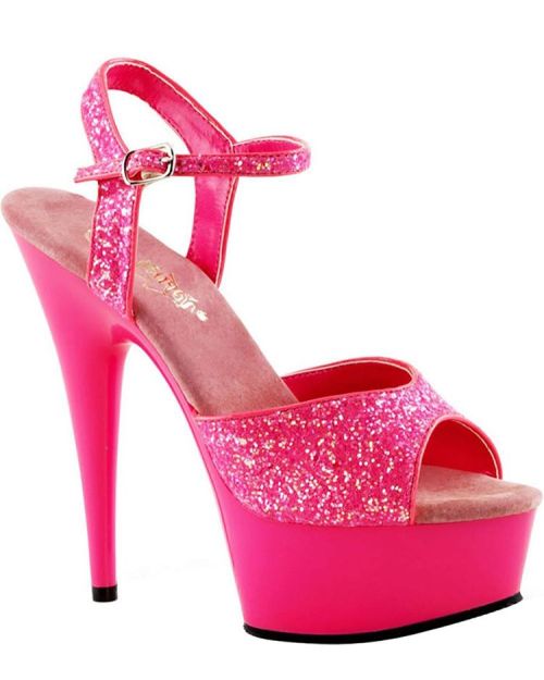 Neon glitter sandal with adjustable buckle closure ankle strap. Entire shoe features UV blacklight effects in glowing neon. · Heel Height: 6 · Platform Height: 1 ¾ Sizes 6-9 Website address is in my profile.