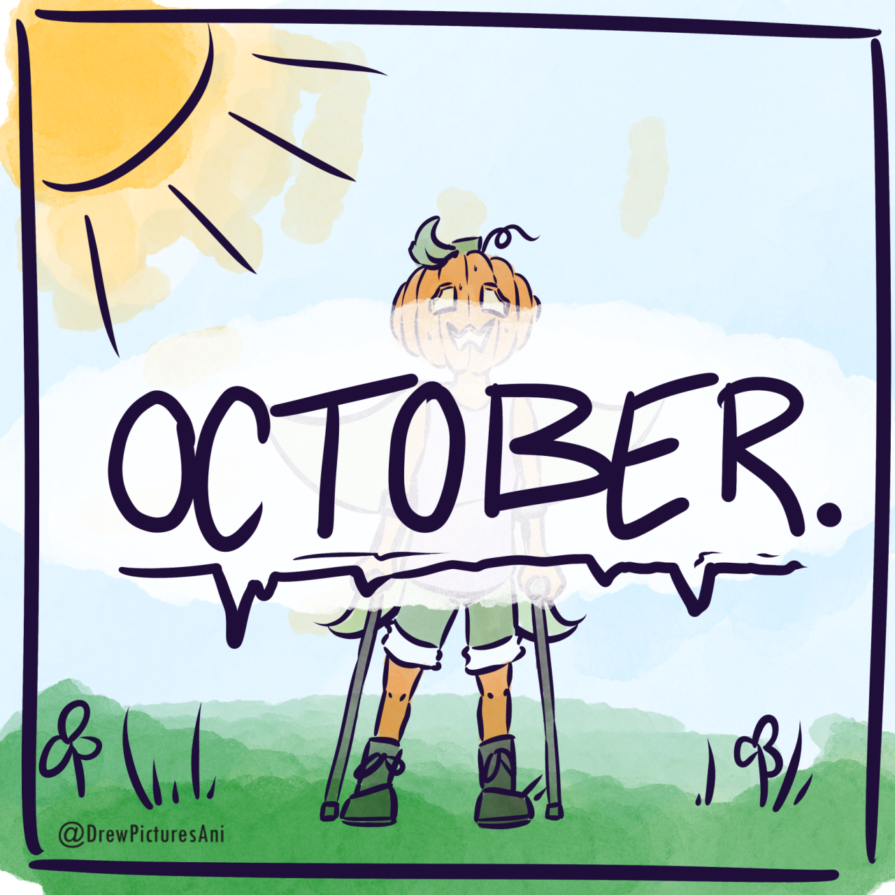 Panel 7. "OCTOBER." The final word of the faerie's speech covers the entire width of the panel, obscurring the faerie from view. It is bold, and underlined with a sharp, jagged line.