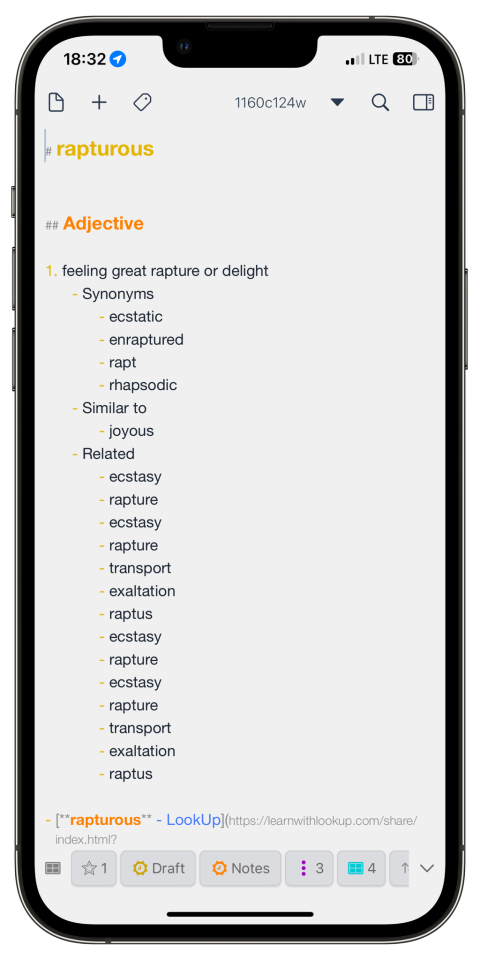 Mocked-up iPhone 12 Pro Max screenshot of my custom vocab/definition entry for "rapturous" in Drafts.