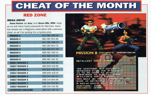  SEGA Megazone #55, Sep 95 - Cheats for ‘Red Zone’ on the Mega Drive.