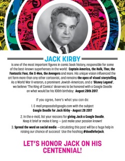baxterfilms: benito-cereno:  calamityjon:  A campaign has begun to get Jack Kirby a commemorative Google Doodle on the day of what would have been his 100th birthday. A doodle may seem like a minor accolade, but these things are seen by literally millions