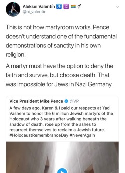 blueeyeddl: I found this really excellent thread on Twitter that pretty much nails why Pence’s Holocaust Remembrance Day tweet was so gross and offensive.