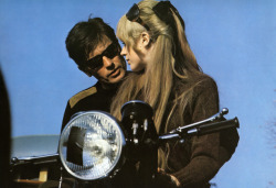 thegoldenyearz:Alain Delon and Marianne Faithfull on the set of Girl On A Motorcycle directed by Jack Cardiff, 1968