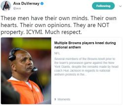 r-e-doubleindefinitely: newarkprince:   bellygangstaboo:   We need more of that   NFL team owners used the same tactics that slave masters used to use on plantations by making an example out of one and scaring the rest into place. They blackballed Colin