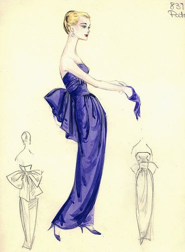 Evening gown sketch by Jean Patou for Bergdorf Goodman, 1950s