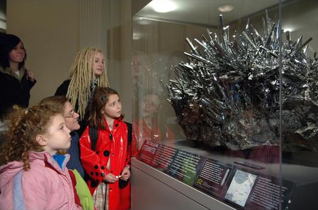 amnhnyc:  One of the Museum’s most spectacular mineral specimens is a 1,000-pound stibnite with hundreds of sword-like, metallic blue-gray crystals sprouting from a rocky base. Stibnite (Sb2S3), a compound of the elements antimony and sulfur, occasionally