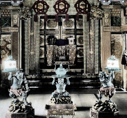 Image taken inside the Iyamitsu Temple in the town of Nikko, Japan.  Hand-colored photo, about 1880&