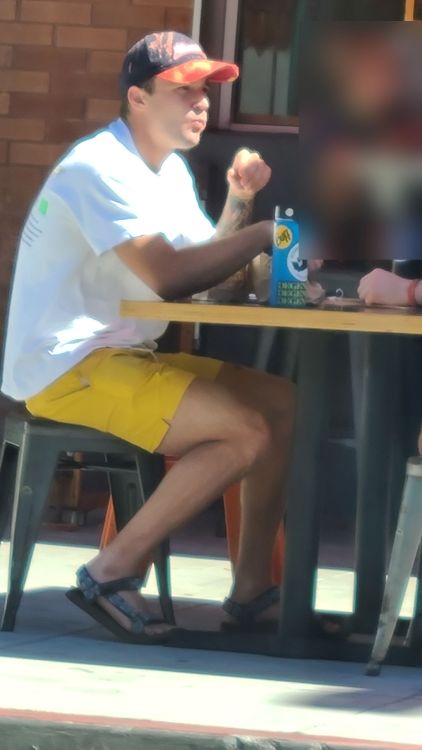 Yellow Shorts, bleach dye hat &amp; friend