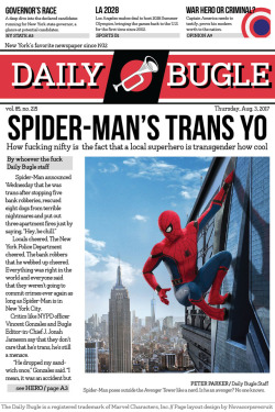 transpeter:the front cover of tomorrow’s daily bugle was leaked and it’s official spider-man’s trans