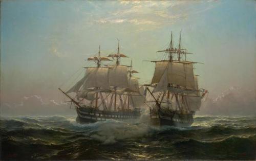 laclygrantham:Fight between the ship of the line, Jupiter and the French frigate, Preneuse, in the n