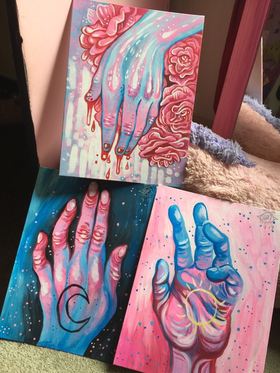 bethaliceart:  Selling my hand paintings! Top one is 80$, bottom two are 70$. Acrylic