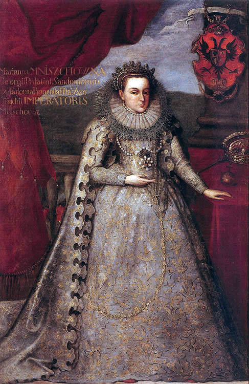 Tsarina Marina Mniszech, wife of Boris Godunov, in her coronation robes by Szymon Boguszowicz,  1606