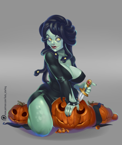 sweetharpy:   My gorgon OC Meg in Elvira-style costume. Happy upcoming Halloween!     Watch process GIF and high resolution version on my Patreon page.   