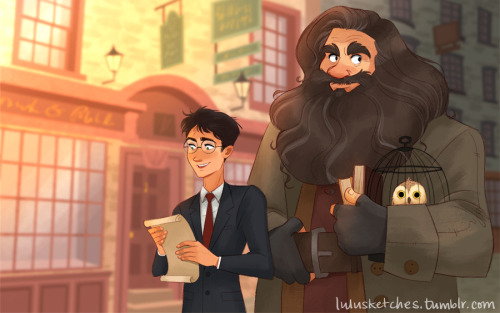 justanotherdrarryblog: lulusketches: Hagrid going back to Hogwarts after the war, and Harry taking h