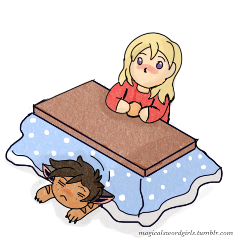 I’ve seen a lot of fanarts of characters sitting at the kotatsu with cats sleeping under it an