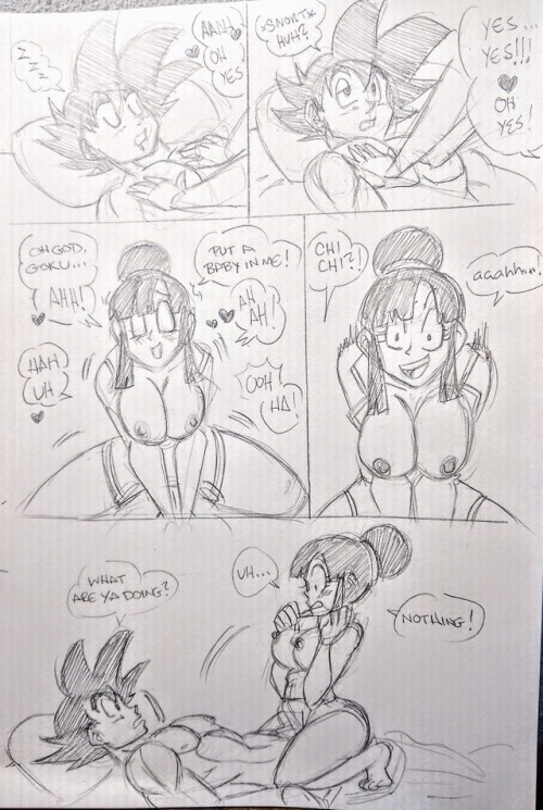 One more smut drawing before my flight back home.Based on a joke Sean (Goku) and Cynthia (Chichi) said during a panel at Kameha Con. Hooray! For x-rated DB jokes! (I’ll scan this for better quality when I’m back).