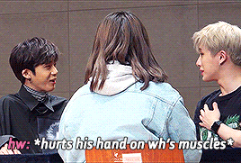 bunnywonho:when you can dish it out but you can’t take it ft. wonho’s very hard muscles