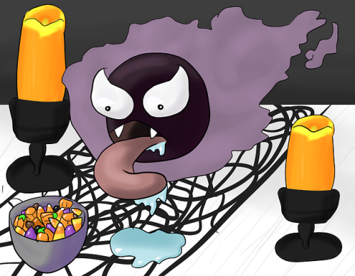 Ghoul DroolDrawtober Day 12!Gastly is finding it hard to resist eating all the candy they got for th