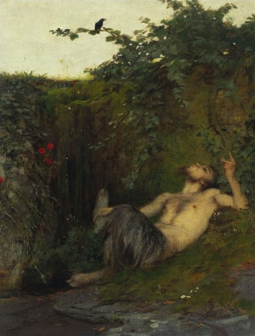 Pan, einer Amsel zupfeifend (Pan, whistling to a blackbird), Arnold Böcklin, 1863.