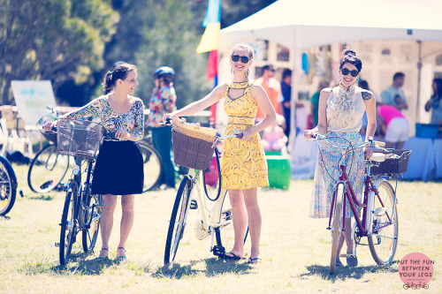 Sheer skirts, patterns, fitted dresses, bicycle baskets, bright and colorful… Love these thre