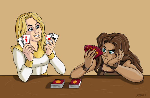 son-neko-art:Finished Commission of Romana and Leela enjoying a game of Poker.Romana: I WIN!Leela: I