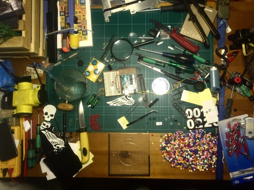 — from top: Part of my battle jacket / Slightly disorganized workspace / Bathroom selfie / Sneak pho