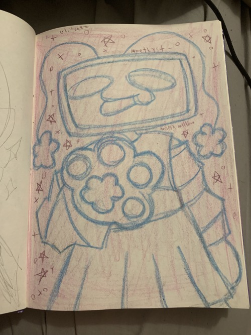 a tv head character outlined in blue looking happy