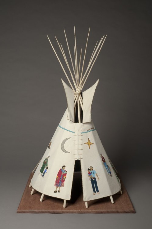 Look closely at this beaded tipi. How would you describe the people represented on this object? What
