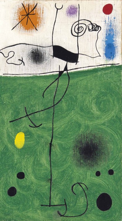 arte-artem-artibus: Joan Miró - Sur la verte prairie au lever du soleil, 1968, huile et graph