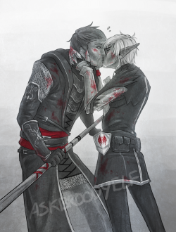 askbroodyelf:  Commission for randomslasher Fenris and Hawke’s after-battle kiss &ldquo;Stupid reckless mage! You could’ve died!&rdquo; —————————— Want to commission me? Go here. 