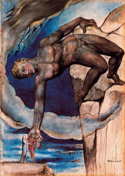 artist-blake: Antaeus setting down Dante and Virgil in the last circle of hell, 1827, William BlakeM