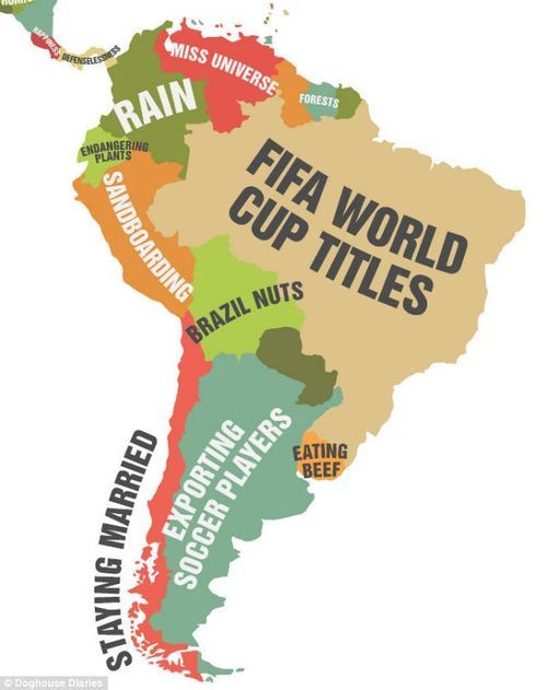 A map illustrating what each country leads the world in, according to one source.