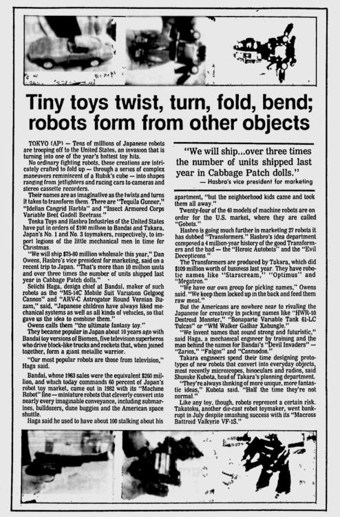 Newspaper article about Transformers and Gobots from 1984.“We have our own group for picking names,”