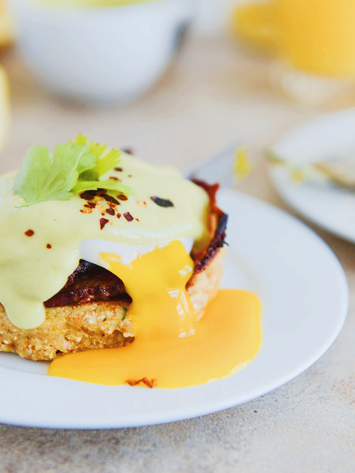 sweet corn cake eggs benedict with avocado hollandaise by howsweeteats