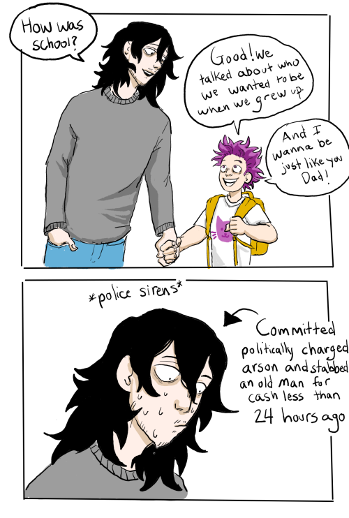 minnow-doodle-doo:My villain Aizawa AU I drew a while ago.Hitoshi needs a better role model lol