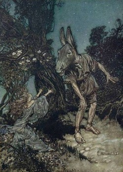 enchantedbook: Puck turns Bottom’s head into one of an ass From  William Shakespeare’s book:  “A Midsummer Night’s Dream” illustration by Arthur Rackham  Bottom the weaver is a foolish and arrogant man who is overly self  confident and a jerk