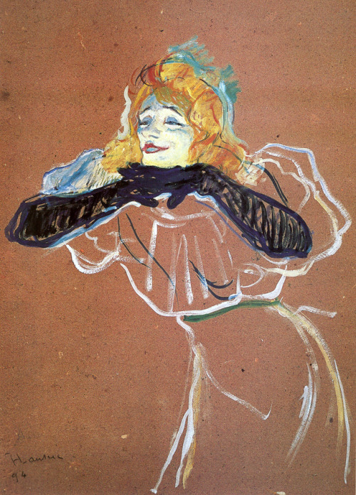 artist-lautrec: Yvette Guibert singing, 1894, Henri de Toulouse-Lautrec Medium: oil,cardboard