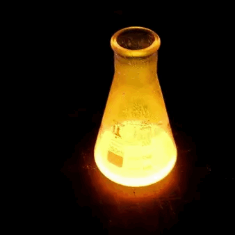 A gif of a hand swirling neon yellow liquid in a beaker