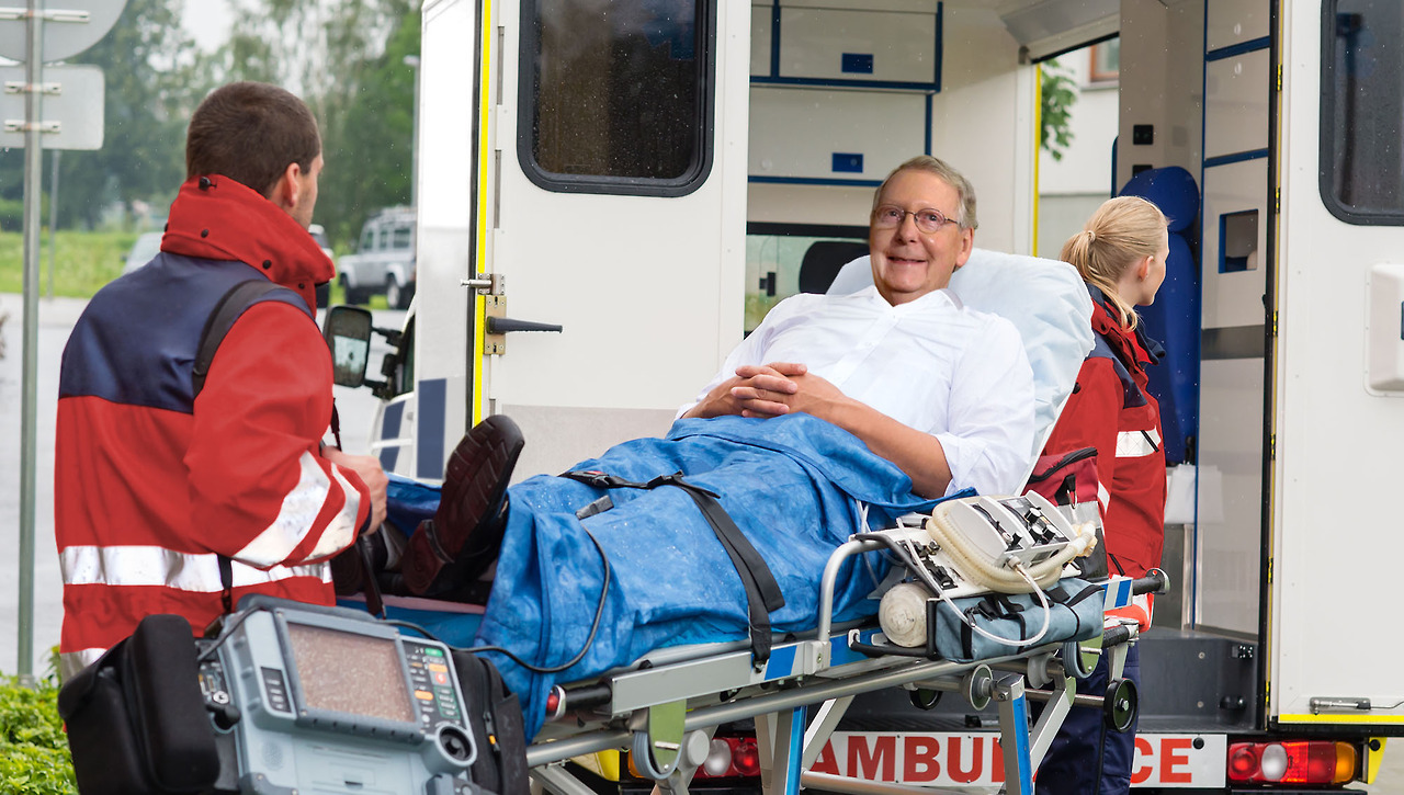theonion: Babbling, Grinning Mitch McConnell Demands EMTs Loading Him On Stretcher