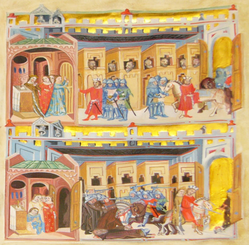 Two illuminations from the Bohemian Chronicle of Dalimil, c. 1319 ;Drahomira, Queen of Bohemia seate