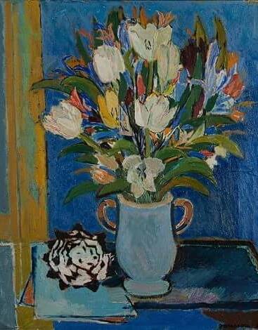 Still Life with Tulips   -  Tove JanssonFinnish, 1914–2001Oil on canvas, 73.5 x 60 cm. (28.9 x 23.6 